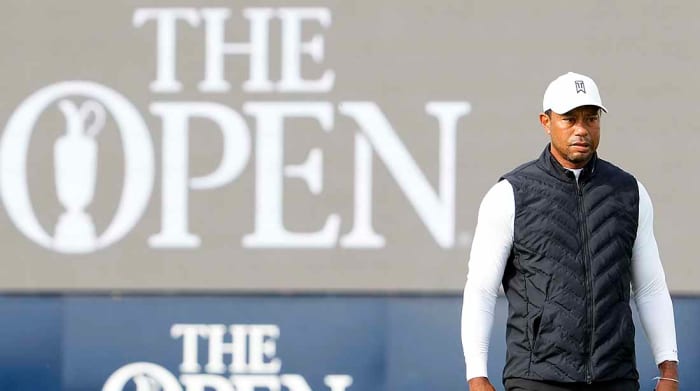 Tiger Woods is shown practicing at the Old Course prior to the 2022 British Open.